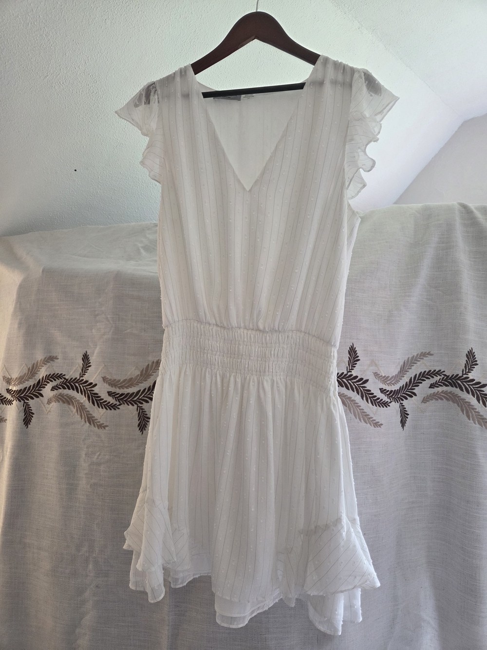 Ramy Brook White V-Neck Ruffle Sleeve Mini Dress